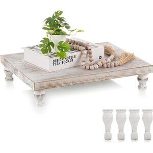 Wooden Riser Tray Farmhouse Wood Pedestal Display Stand Rustic Whitewashed Riser